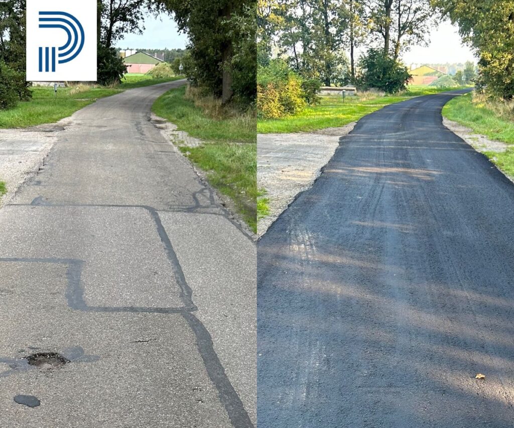 twee fotos naast elkaar van een weg. Een voor en een na het aanbrengen van microasfalt