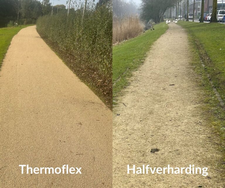 Een foto van thermoflex (links) naast halfverharding (rechts)